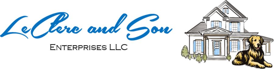 The LeClerc & Son Enterprises logo — the family home and Ellie, the company golden retriever