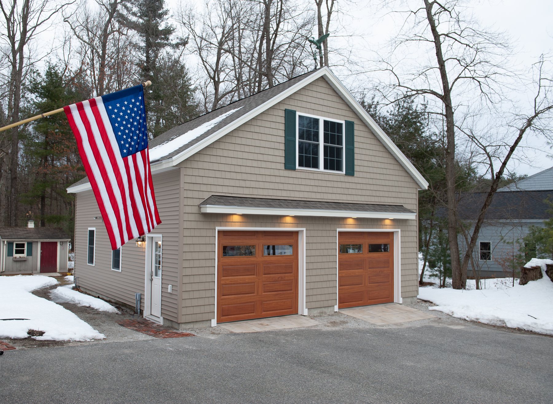 Detached two-car garage with second-story space, built by LeClerc and Son